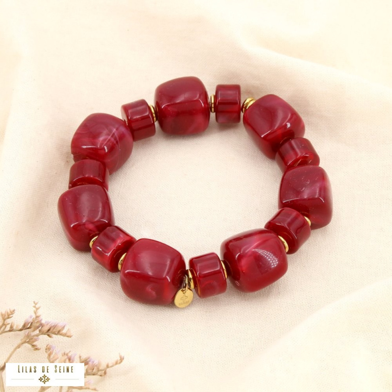 Bracelet acier inoxydable et perles de résine marbrée ambrée ANGELINA rouge bordeaux