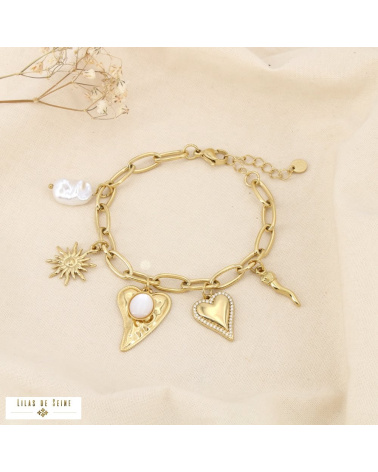Bracelet CHARLENE charms cœur en acier inoxydable – Un bijou love et solaire à la parisienne ❤️☀️ doré