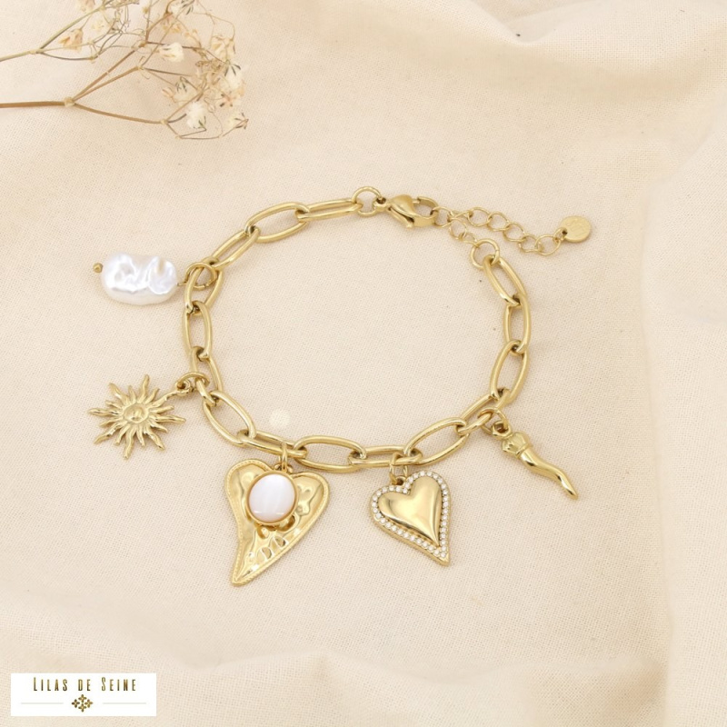 Bracelet CHARLENE charms cœur en acier inoxydable – Un bijou love et solaire à la parisienne ❤️☀️ doré