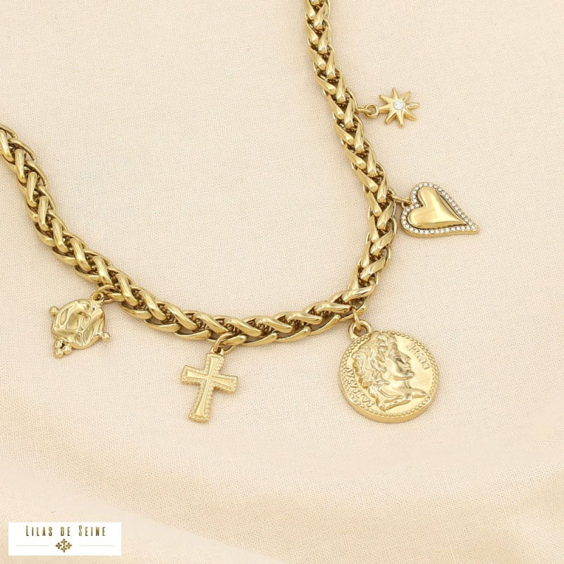 Collier ANTICA breloques en acier inoxydable – L’esprit antique chic à la parisienne ✨🪙 doré