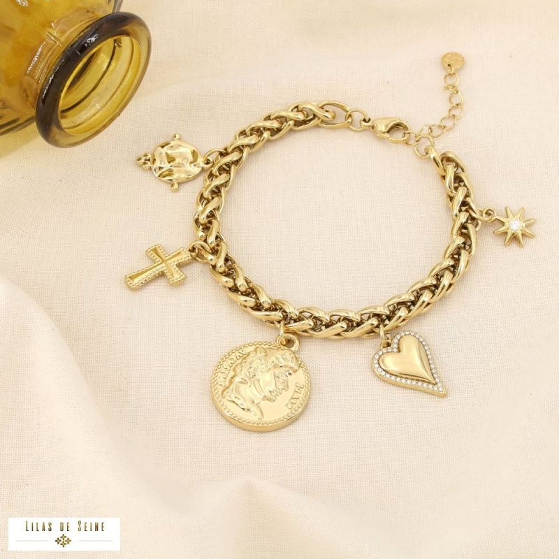 Bracelet ANTICA breloques en acier inoxydable – L’élégance antique revisitée à la parisienne ✨🪙 doré