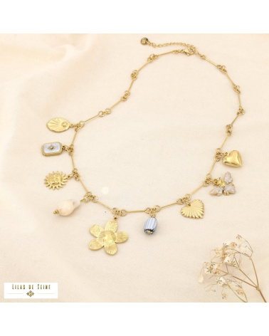Collier LUDIVINE breloques en acier inoxydable – L’esprit bohème chic à la parisienne 🌸🐝 naturel/beige