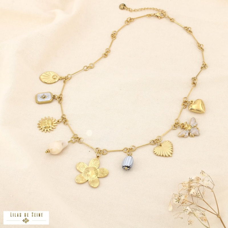 Collier LUDIVINE breloques en acier inoxydable – L’esprit bohème chic à la parisienne 🌸🐝 naturel/beige
