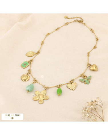 Collier LUDIVINE breloques en acier inoxydable – L’esprit bohème chic à la parisienne 🌸🐝 vert