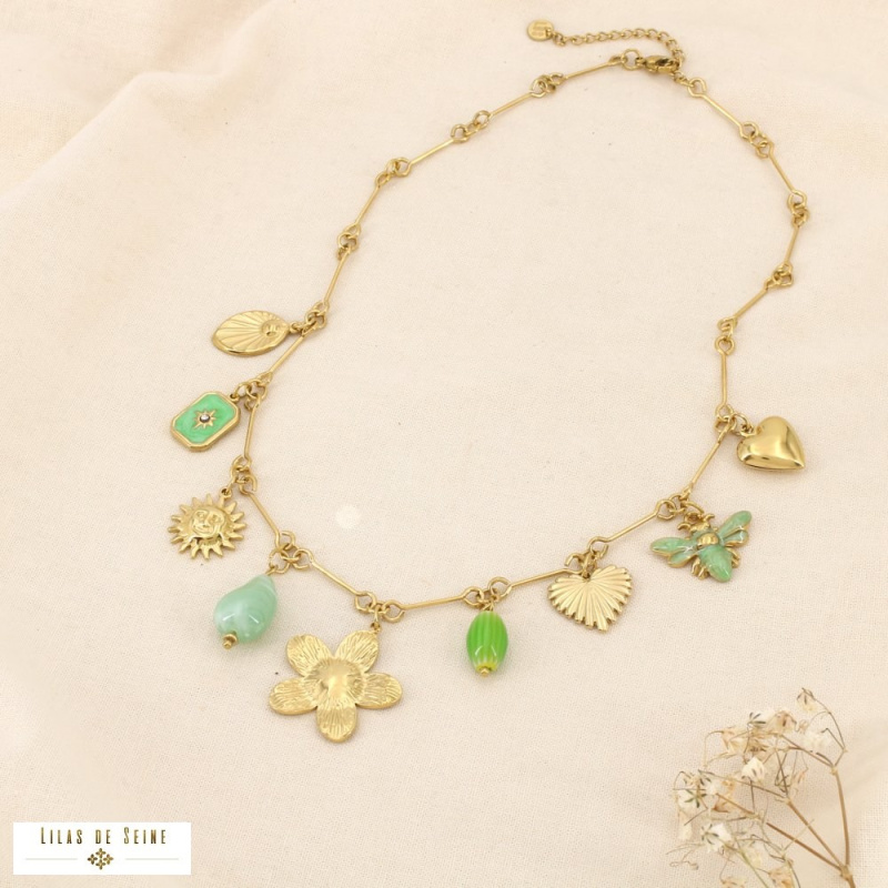 Collier LUDIVINE breloques en acier inoxydable – L’esprit bohème chic à la parisienne 🌸🐝 vert