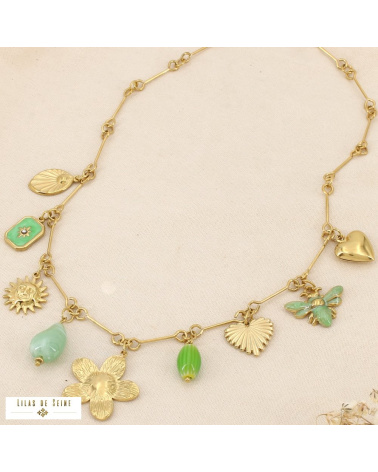 Collier LUDIVINE breloques en acier inoxydable – L’esprit bohème chic à la parisienne 🌸🐝 vert