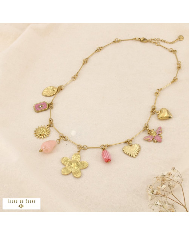 Collier LUDIVINE breloques en acier inoxydable – L’esprit bohème chic à la parisienne 🌸🐝 rose