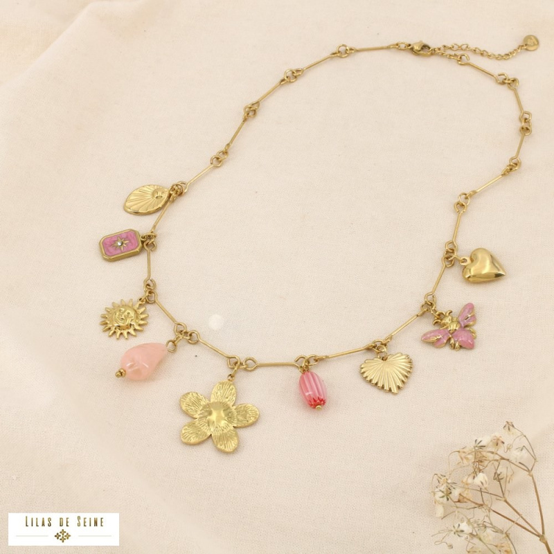 Collier LUDIVINE breloques en acier inoxydable – L’esprit bohème chic à la parisienne 🌸🐝 rose