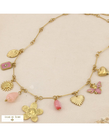 Collier LUDIVINE breloques en acier inoxydable – L’esprit bohème chic à la parisienne 🌸🐝 rose
