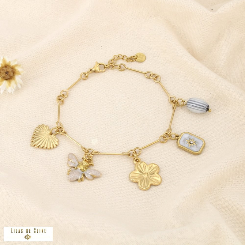 Bracelet LUDIVINE breloques en acier inoxydable – L’esprit bohème chic à la parisienne 🌸🐝 naturel/beige