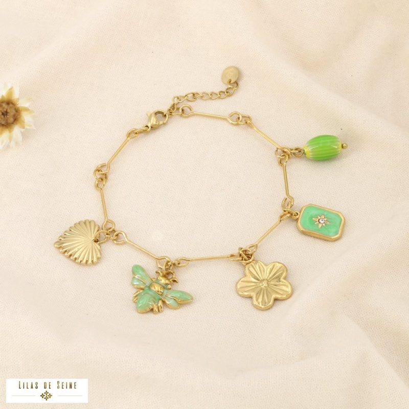 Bracelet LUDIVINE breloques en acier inoxydable – L’esprit bohème chic à la parisienne 🌸🐝 vert