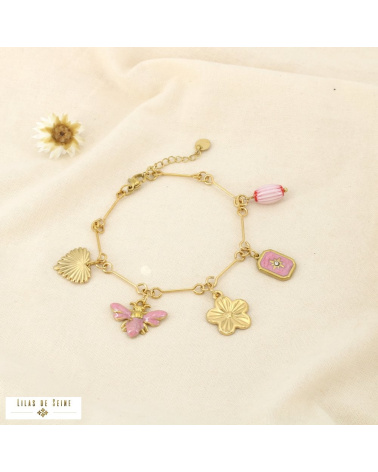 Bracelet LUDIVINE breloques en acier inoxydable – L’esprit bohème chic à la parisienne 🌸🐝 rose