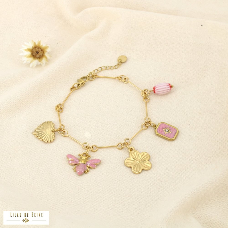 Bracelet LUDIVINE breloques en acier inoxydable – L’esprit bohème chic à la parisienne 🌸🐝 rose