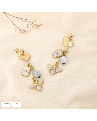 Boucles d’oreilles pendantes LUDIVINE en acier inoxydable – L’élégance bohème et solaire à la parisienne 🌸🐝 naturel/beige