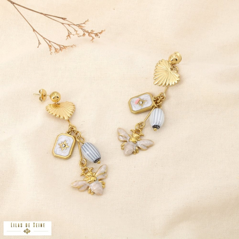 Boucles d’oreilles pendantes LUDIVINE en acier inoxydable – L’élégance bohème et solaire à la parisienne 🌸🐝 naturel/beige