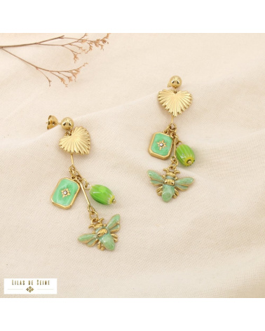Boucles d’oreilles pendantes LUDIVINE en acier inoxydable – L’élégance bohème et solaire à la parisienne 🌸🐝 vert