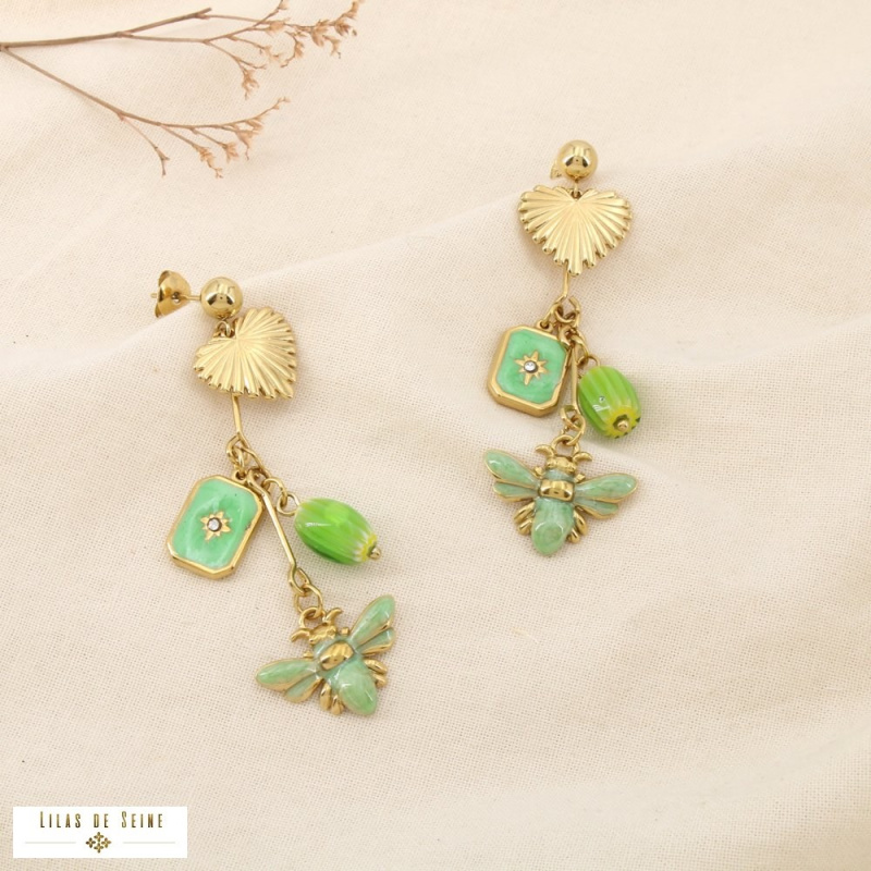Boucles d’oreilles pendantes LUDIVINE en acier inoxydable – L’élégance bohème et solaire à la parisienne 🌸🐝 vert