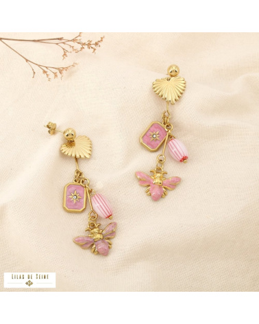 Boucles d’oreilles pendantes LUDIVINE en acier inoxydable – L’élégance bohème et solaire à la parisienne 🌸🐝 rose