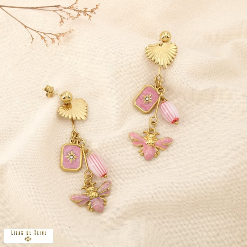 Boucles d’oreilles pendantes LUDIVINE en acier inoxydable – L’élégance bohème et solaire à la parisienne 🌸🐝 rose
