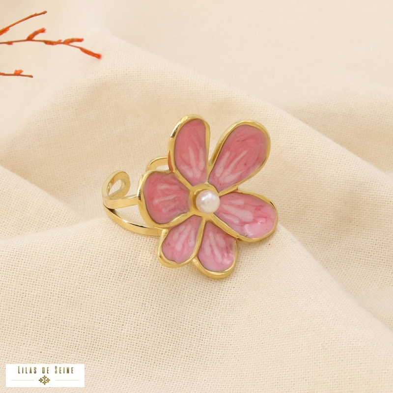 Bague MARIE-LOU fleur émaillée en acier inoxydable – L’élégance florale à la parisienne 🌸✨ rose