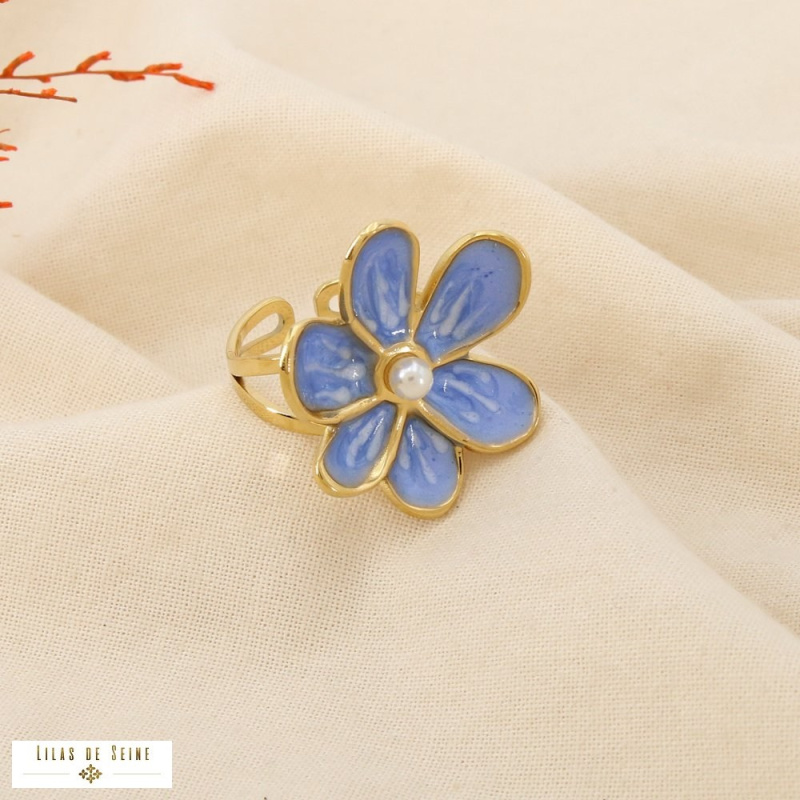 Bague MARIE-LOU fleur émaillée en acier inoxydable – L’élégance florale à la parisienne 🌸✨ bleu ciel