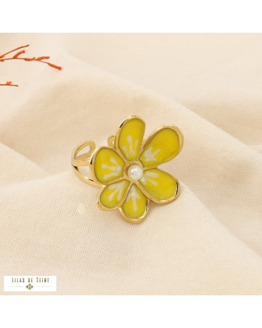 Bague MARIE-LOU fleur émaillée en acier inoxydable – L’élégance florale à la parisienne 🌸✨ jaune