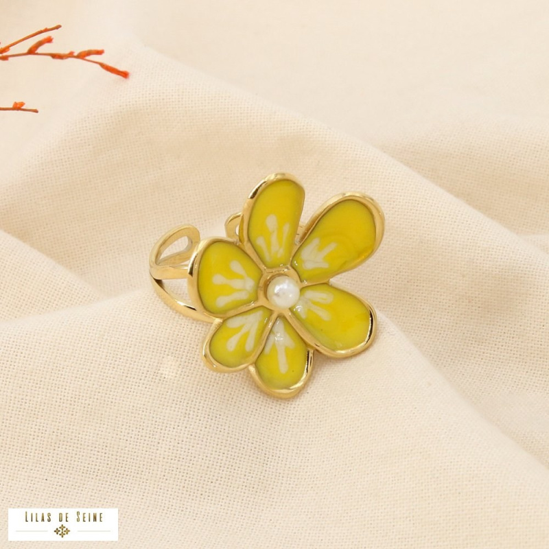 Bague MARIE-LOU fleur émaillée en acier inoxydable – L’élégance florale à la parisienne 🌸✨ jaune