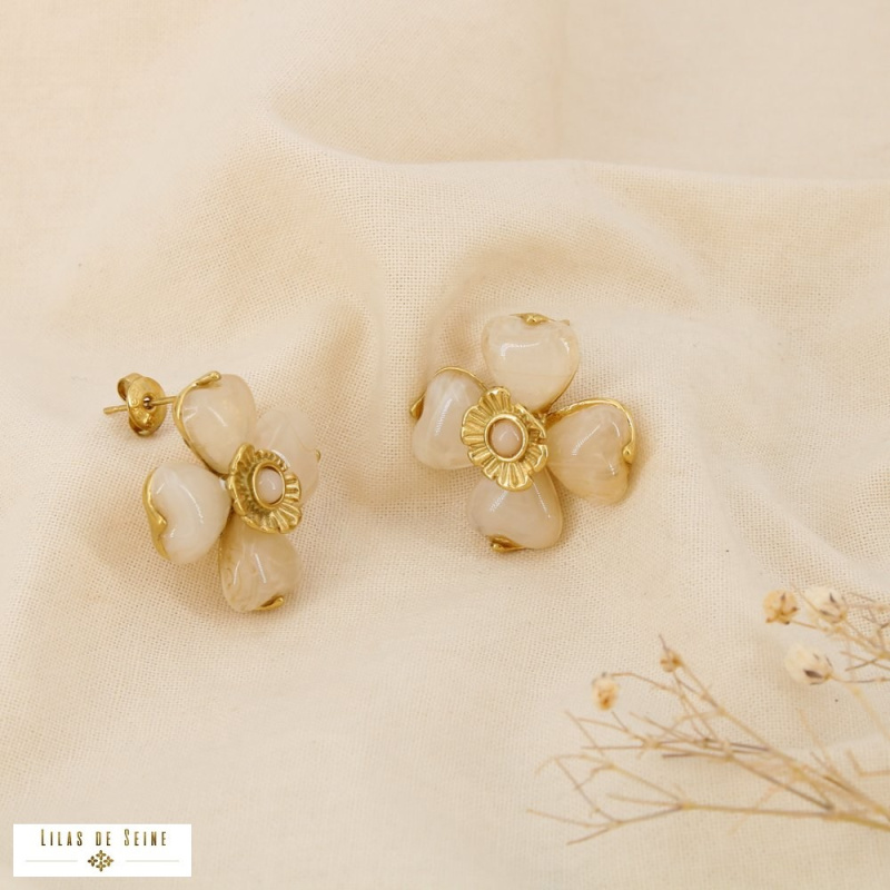 Boucles d’oreille SELENA fleur en acier inoxydable – L’élégance florale tendance 🌸✨ naturel/beige