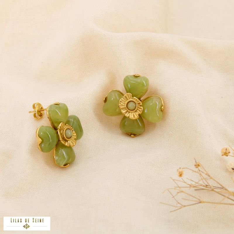 Boucles d’oreille SELENA fleur en acier inoxydable – L’élégance florale tendance 🌸✨ vert
