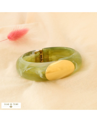 Manchette ADELIE en résine marbrée et acier inoxydable – L’allure chic à la parisienne ✨ vert kaki