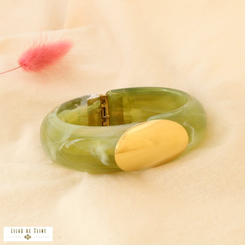 Manchette ADELIE en résine marbrée et acier inoxydable – L’allure chic à la parisienne ✨ vert kaki
