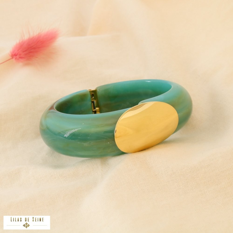 Manchette ADELIE en résine marbrée et acier inoxydable – L’allure chic à la parisienne ✨ bleu turquoise