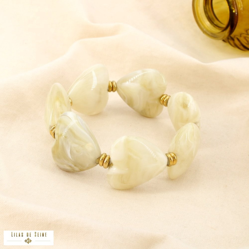 Bracelet EUGENIE à cœurs en résine marbrée – L’allure love & tendance 💙🤍 naturel/beige