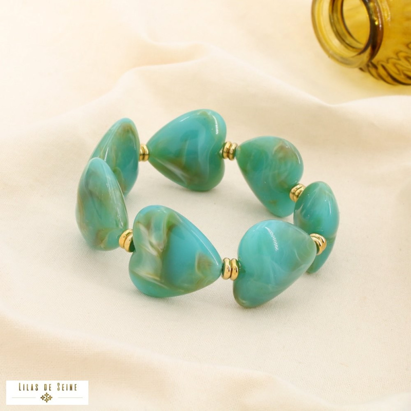 Bracelet EUGENIE à cœurs en résine marbrée – L’allure love & tendance 💙🤍 bleu turquoise