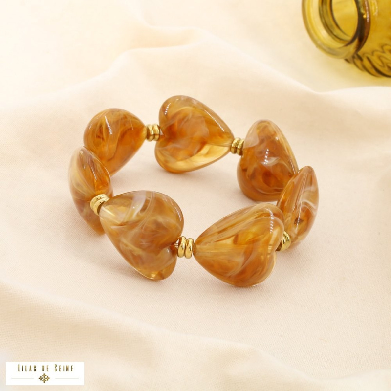 Bracelet EUGENIE à cœurs en résine marbrée – L’allure love & tendance 💙🤍 cognac