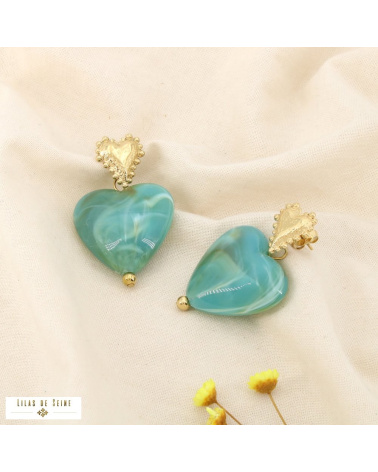Boucles d’oreille EUGENIE cœur en acier inoxydable et résine marbrée – L’élégance love à la parisienne 💖✨ bleu turquoise