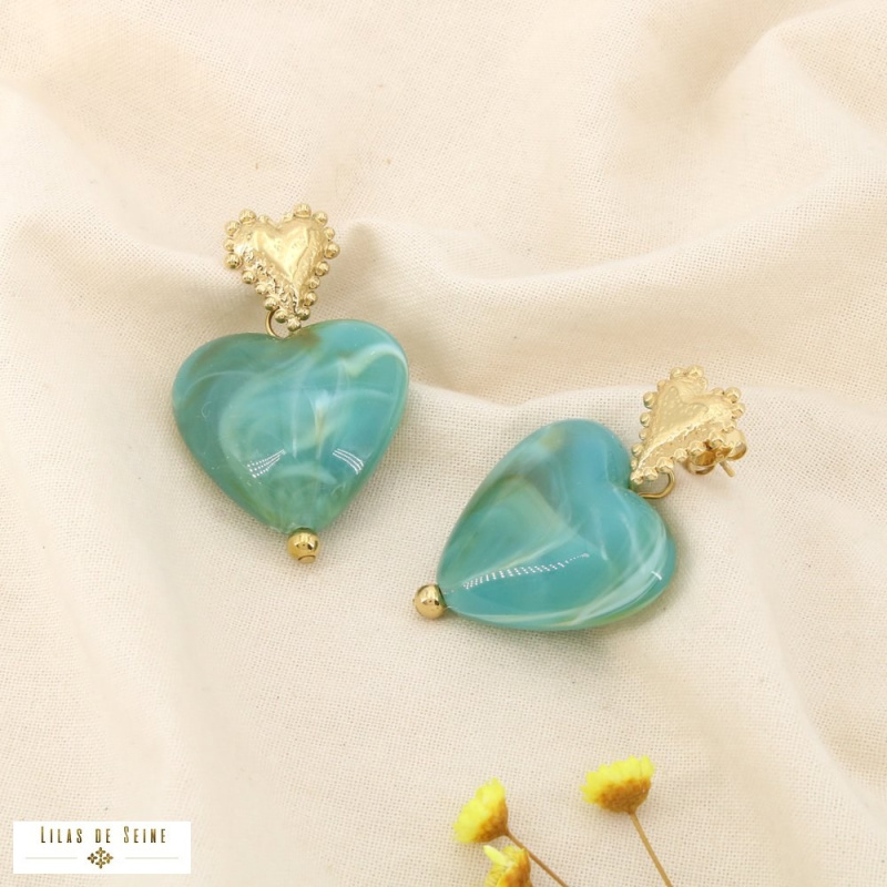Boucles d’oreille EUGENIE cœur en acier inoxydable et résine marbrée – L’élégance love à la parisienne 💖✨ bleu turquoise