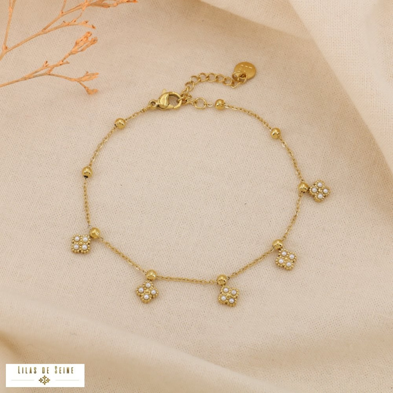 Bracelet AMBRINE en acier inoxydable – Trèfles nacrés & élégance parisienne ✨🍀 blanc