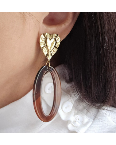 Boucles d’oreilles oversize Cœur en acier inoxydable & anneau ovale en résine IRINA camel