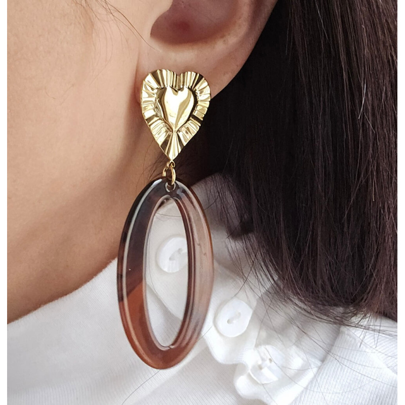 Boucles d’oreilles oversize Cœur en acier inoxydable & anneau ovale en résine IRINA camel