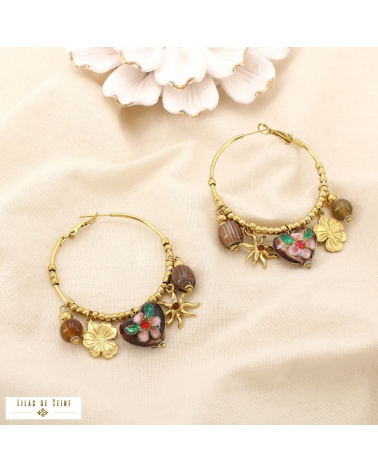 Créoles DIVINE en acier inoxydable – Breloques cœur, soleil & fleur ✨❤️🌸 marron