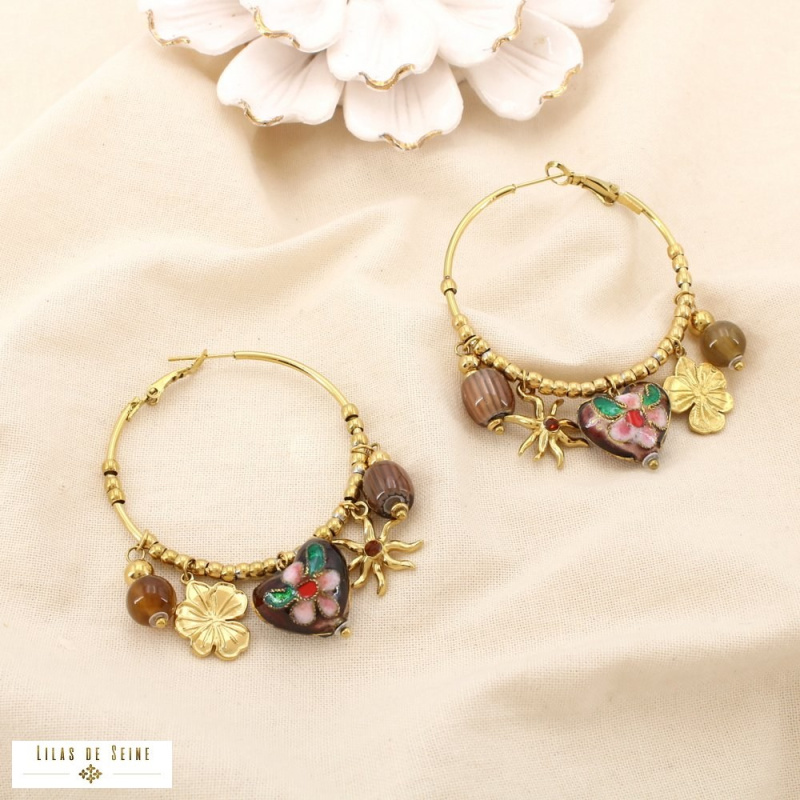 Créoles DIVINE en acier inoxydable – Breloques cœur, soleil & fleur ✨❤️🌸 marron