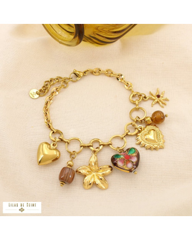 Bracelet DIVINE en acier inoxydable – Breloques cœurs & symboles solaires ✨❤️🌞 marron