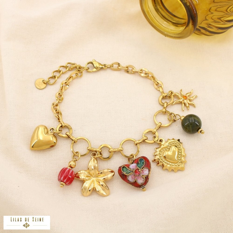 Bracelet DIVINE en acier inoxydable – Breloques cœurs & symboles solaires ✨❤️🌞 multi