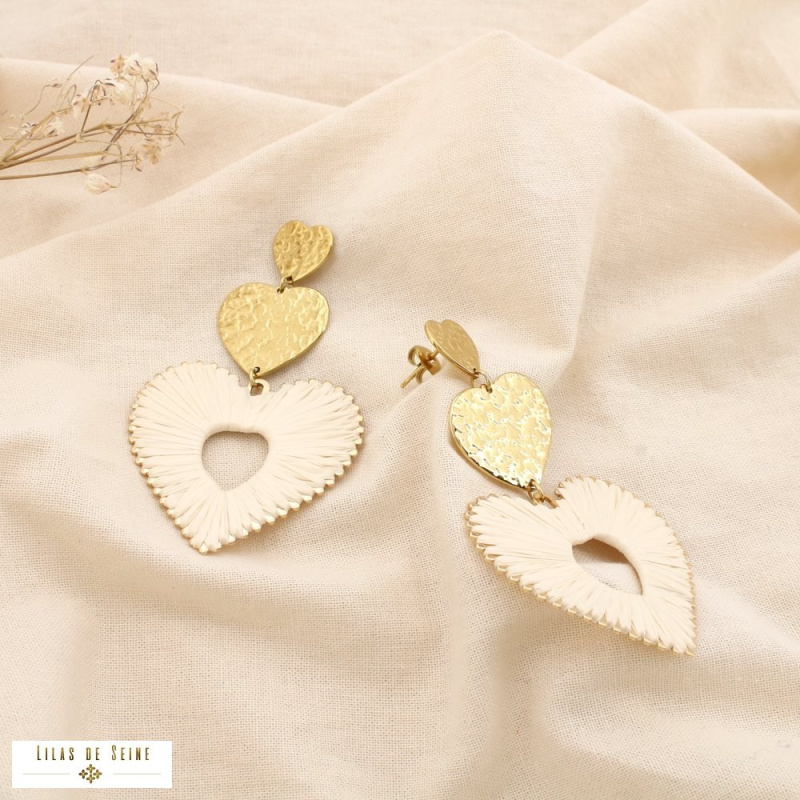 Boucles d’oreille MAELIE en acier inoxydable – Cœur en raphia 💖🌿 naturel/beige