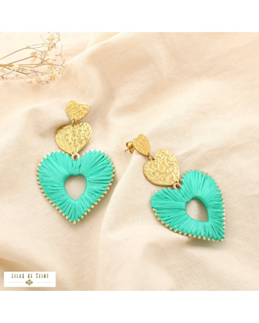 Boucles d’oreille MAELIE en acier inoxydable – Cœur en raphia 💖🌿 vert