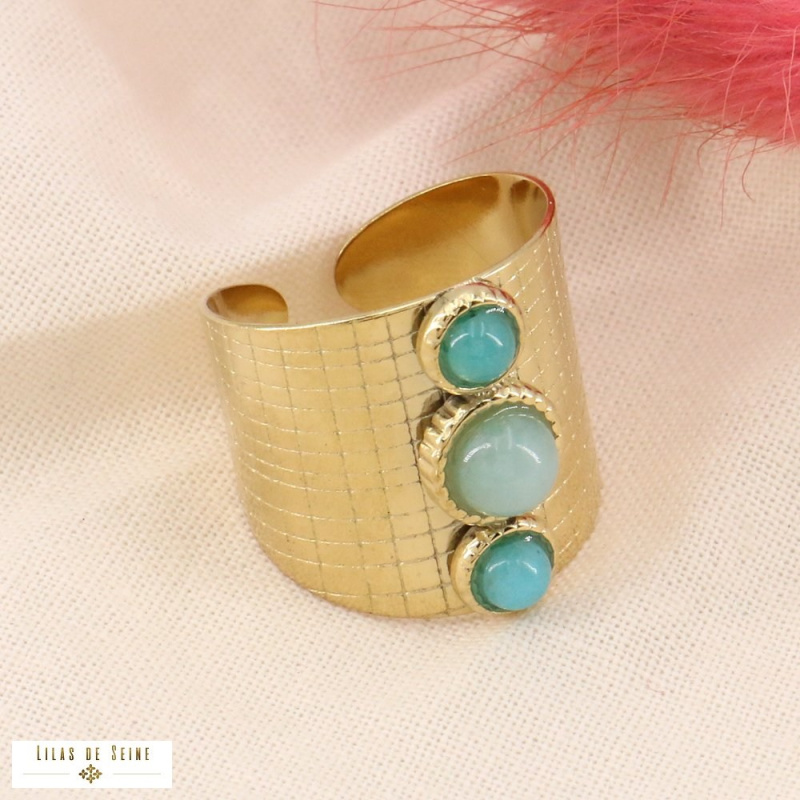💛 Bague large ouverte CAMILA acier inoxydable & pierres naturelles bleu turquoise