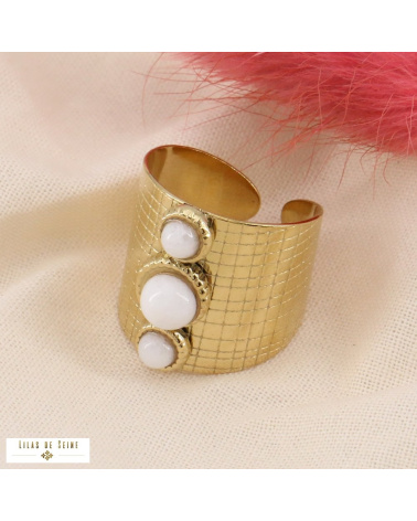 💛 Bague large ouverte CAMILA acier inoxydable & pierres naturelles blanc
