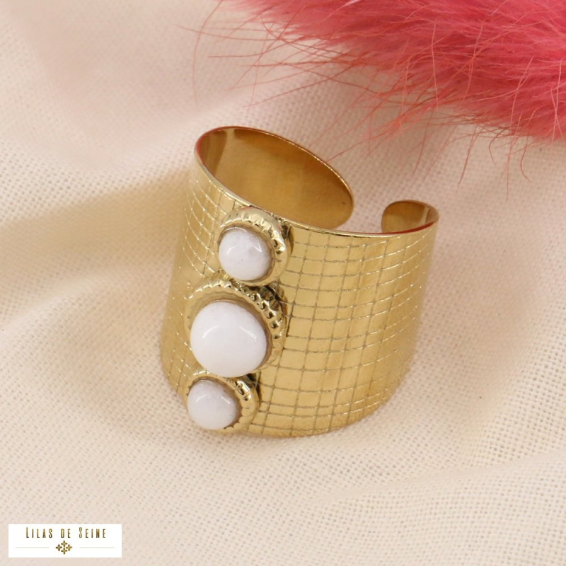 💛 Bague large ouverte CAMILA acier inoxydable & pierres naturelles blanc