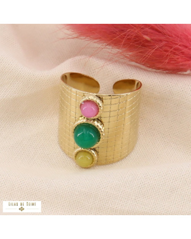 💛 Bague large ouverte CAMILA acier inoxydable & pierres naturelles multi